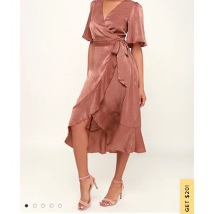 Mauve Satin Faux-Wrap Midi Dress